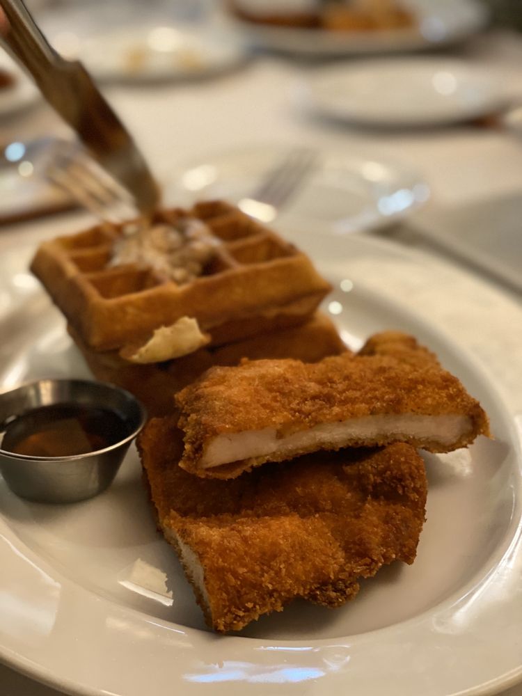 Crispy Fried Chicken Breast and Waffles - Dine-In at Bridges Restaurant & Bar - pic by Kartika H. on Yelp
