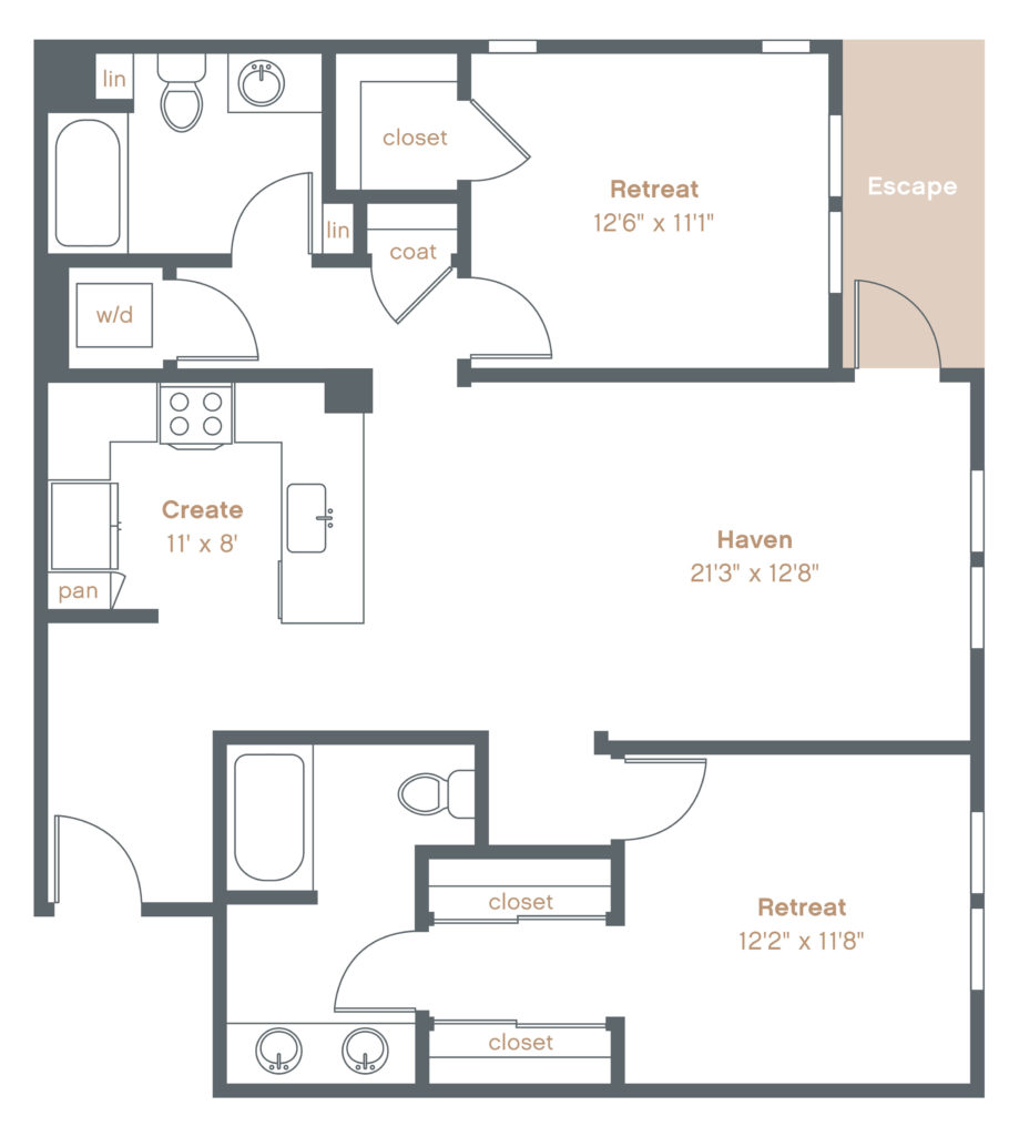 B10 two-bedroom floorplan - Shareable Two-Bedroom Danville Apartments